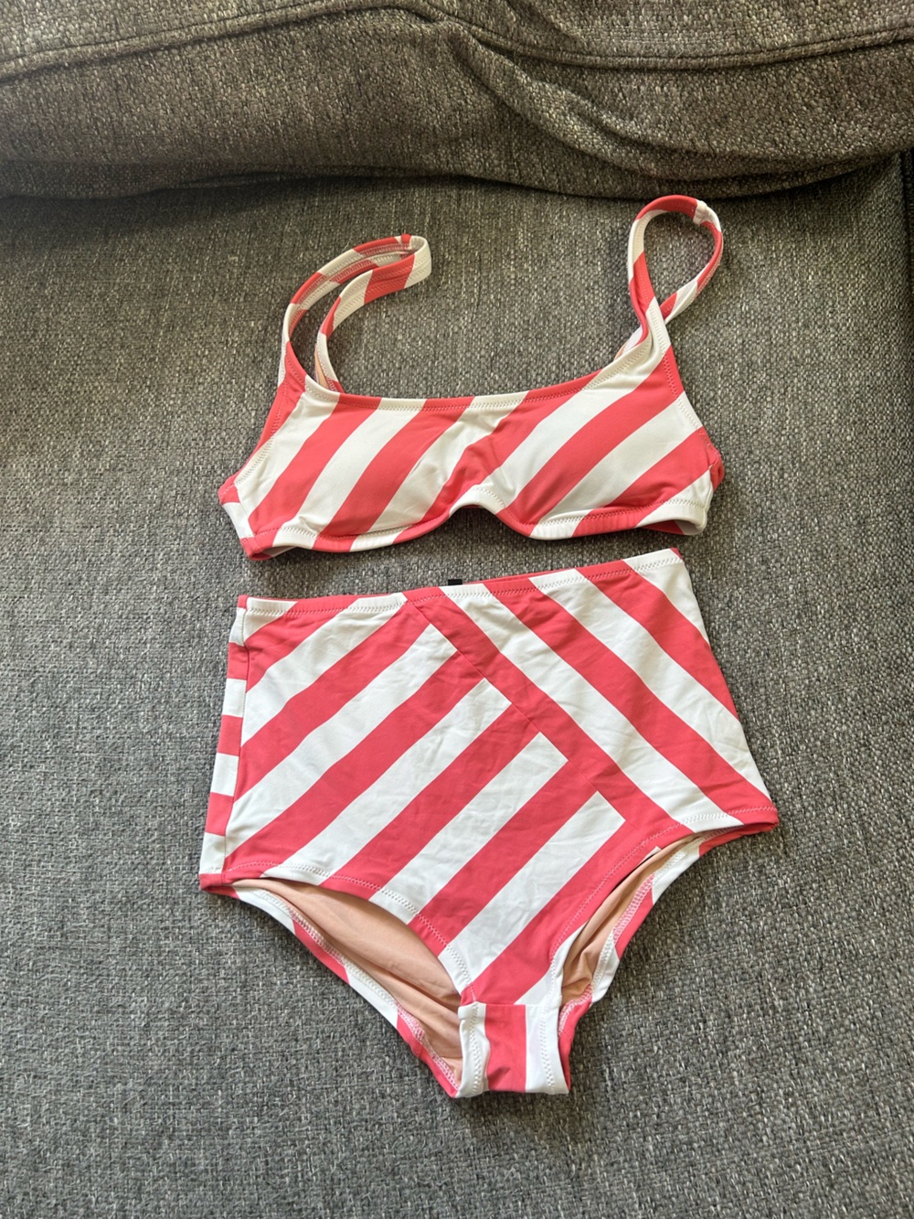 J. Crew Striped Coral and White Two-Piece Bikini Set | Size XS